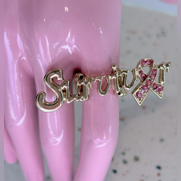 Breast Cancer Survivor Pink Ribbon Jewelry Ring in Gold Tone - Picture 2 of 6